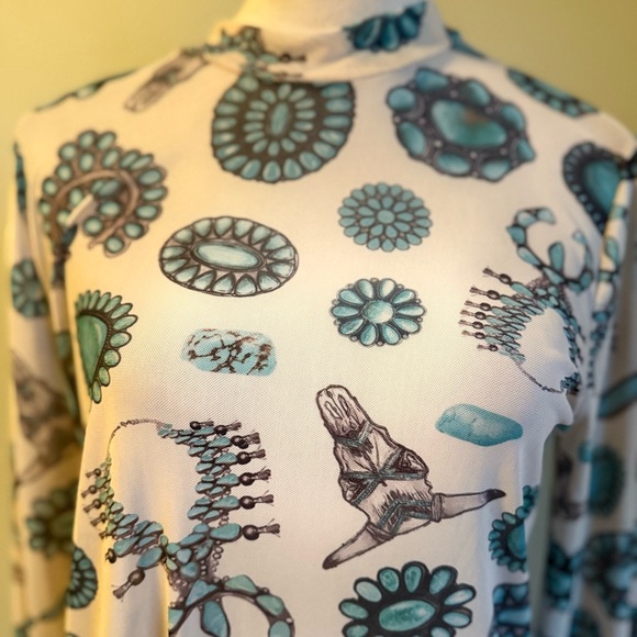 Western boho cowgirl teal tan sheer long‎ sleeve top medium - Picture 3 of 4